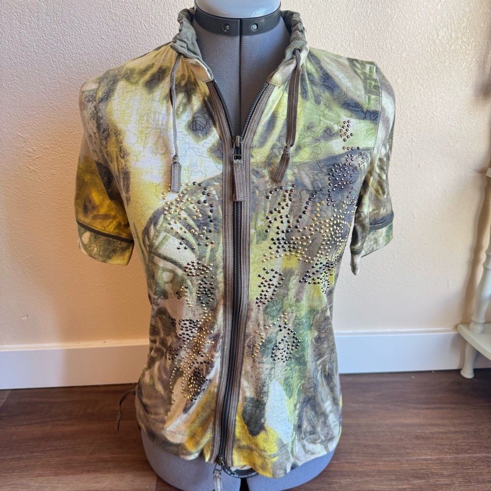 Y2K Luisa Cerano Abstract Print Zip Up Rhinestone Embellished Fairy Grunge Edgy - Picture 2 of 11